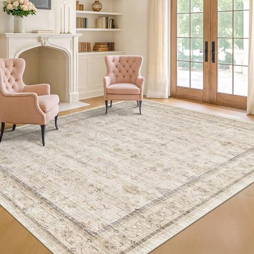 Washable Ivory 6x9 Living Room Rug, Non Slip Dinning Rugs for Under Table, Low Pile Neutral Farmhouse Retro Foldable Carpet for Bedroom, Office - Image 6