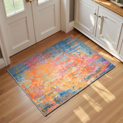 Entrance Rugs Indoor 2x3 Colorful Entry Rug Washable Abstract Rainbow Small Area Rug Non-Slip Low Pile Throw Rugs for Entryway, Kitchen Floor, Front Door Indoor Door Mat, Bathroom, Bedroom Bedside by OmpaaHomeDecor