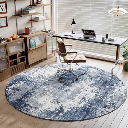 Blue Round Area Rugs 4ft Washable Circle Rug for Entryway Kitchen, Non Slip Soft Low Pile Stain Resistant, Boho Circular Carpet for Living Room Bedroom Dorm Dining Room Table, Abstract Navy - Image 2