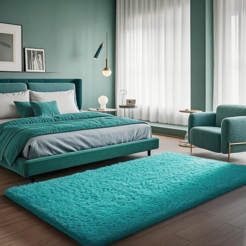 Ophanie Teal Rugs for Bedroom Living Room, Fluffy Fuzzy Furry Carpet, Plush Soft Shaggy Bedside Indoor Floor 4x6 Area Rug for Kids Girls Boys Baby Teen Dorm Nursery Decor with Over 99 pcs Pile fibers - Image 5