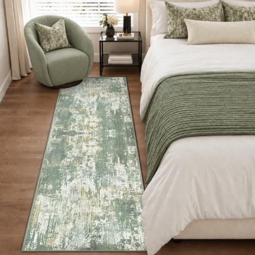 RELEANY Washable Runner 2'x8' Abstract Area Rug for Hallway Light Green - Image 4
