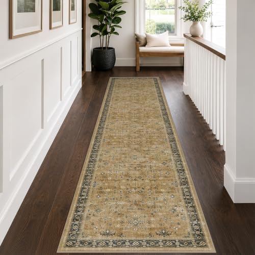 Washable 2x10 Entryway Long Runners for Hallways, Kitchen Floor Mat for Indoor Entrance, Vintage Rustic Brown and Charcoal Olive Decor, Non-Slip Stain Resistant Low-Pile Throw Rug by HazoHaus