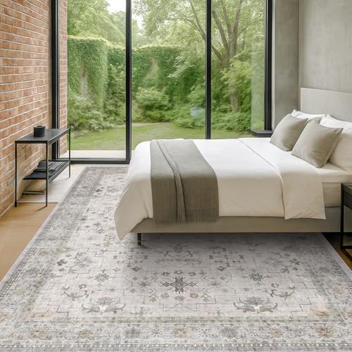 Large Light Gray & Sage 10x14 Living Room Rug - Vintage Floral Area Rug for Dining Room, Washable Low Pile Bedroom Carpet, Modern Eclectic Geometric Decor & Stain Resistance - Image 3