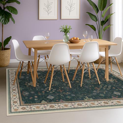 Hazo Haus Dark Green Oushak 5x8 Living Room Rug - Modern Vintage Boho Eclectic Floral Pastel, Washable Low Pile Non-Slip Large Area Rugs for Nursery Dining Under Table Bedroom Lounge - Image 3