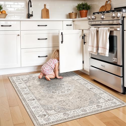 Washable Hallway 3x4 Floor Mats: Farmhouse Non-Slip Kitchen Sink Area Rug Water-Resistant Small Carpet for Living Room Bathroom Thin Soft Doormat Easy-Clean Decorative Rug for Pets Family(3x4,Beige) - Image 3