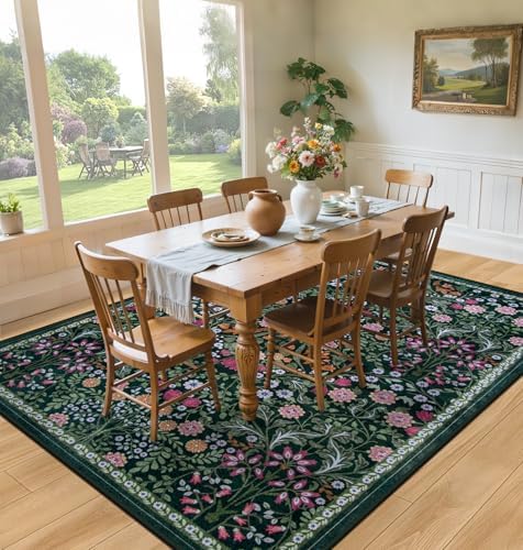 PLHXFR Area Rug 10x14 Living Room: Floral Washable Boho Carpet Dark Green - Image 4