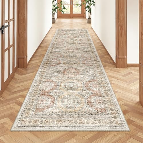 Rug Runners for Hallways Non Slip - 2x8 Runner Rug for Bedroom, Washable Runner with Rubber Backing, Soft Low-Pile Carpet for Kitchen, Laundry, Bathroom (2'x8', Brown/Pink) by Restydon
