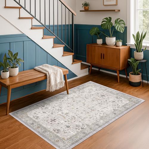 Hazo Haus Washable Boho 4x6 Living Room Rug - Light Gray & Sage Area Rug for Kitchen, Mudroom, Bedroom Beside Bed, Office, Modern Vintage Eclectic Geometric Floral, Low Pile & Fade Resistant - Image 3