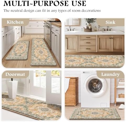 Boho Kitchen Mats for Floor 2PC Anti Fatigue Kitchen Rugs, Green Orange - Image 6