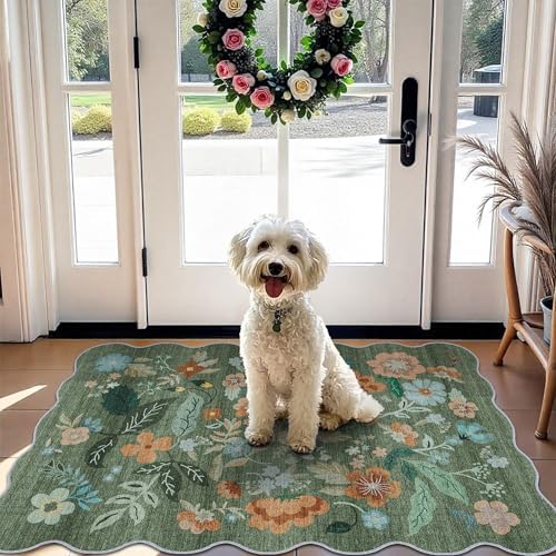 Washable Floral 2x3 Area Rug: Indoor Soft Scalloped Carpet for Entryway Kitchen Nursery Non-Slip Water Resistant Bathroom Laundry Floor Mat Low Pile Durable Door Mat(2x3 Floral/Green) by HYHAOYUNLAI