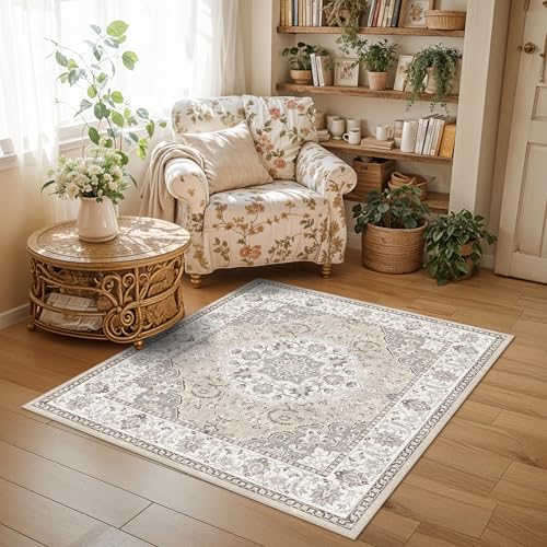 4x4 Washable Square Area Rug: Soft Entryway Kitchen Carpet with Non-Slip Backing Neutral Bathroom Nursery Floor Mat Water Resistant Low Pile Rug for Living Room Bedroom Cute Home Decor(4x4,Beige) - Image 2