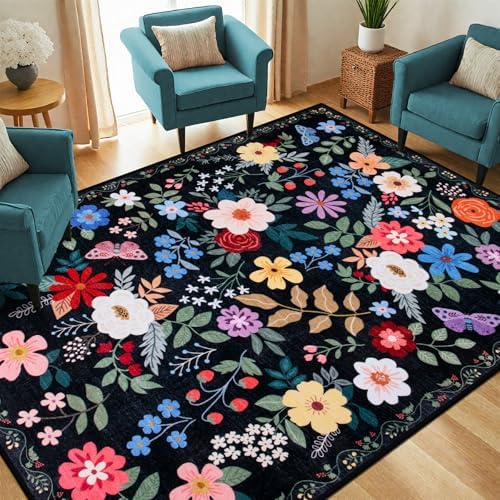 PLHXFR Area Rug Living Room: 5x7 Floral Washable Boho Soft Carpet Black - Image 2