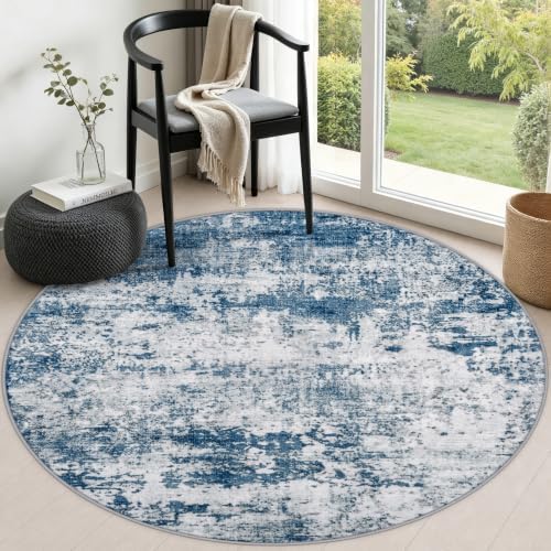 Round Area Rug Living Room: 4 ft Modern Washable Carpet Blue by FXRHLP