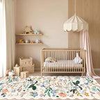 Hallway 4x10 Washable Area Rugs: Indoor Floral Scalloped Rug for Kitchen Entryway Farmhouse Nursery Bathroom Soft Carpet with Non Slip Backing Water Resistant Thin Laudry Floor Mat (4x10,Cream) - Image 3
