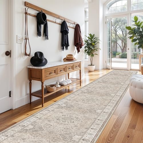 Hallway Washable Runner Rug - 3x20 Kitchen Rugs Entryway Rug Long Runner Vintage Soft Floor Mat Non Slip Indoor Farmhouse Carpet for Bathroom Living Room Bedroom (3 X 20, Beige) - Image 5