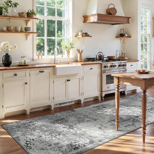3x12 Grey Rug Runners for Hallways Kitchen Runner Rug Non Slip Washable Black Long Runner Rugs with Rubber Backing Soft Abstract Carpet Runner for Bedroom, Kitchen, Bathroom, Entryway - Image 4