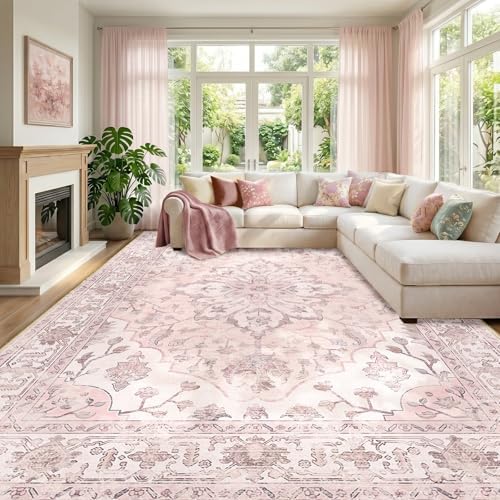 RELEANY Washable Area Rug, Large 9'x12', Pink by RELEANY