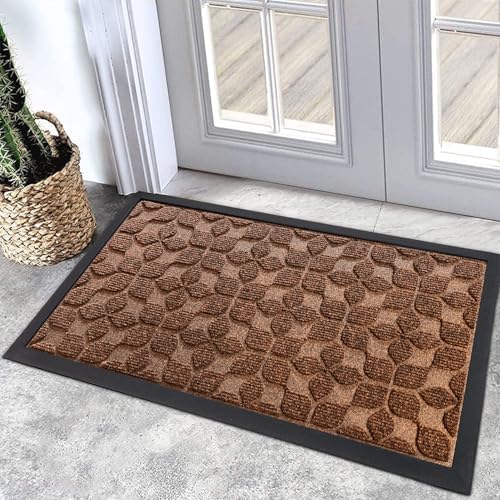 Bulijojo Sturdy Front Entrance Doormats,Durable Heavy Duty Welcome Mat,Thick Absorbent Natural Rubber Non Slip Mat,Easy Clean Entryway Mat 17"x30" Geometric Brown by ShowYourStyle