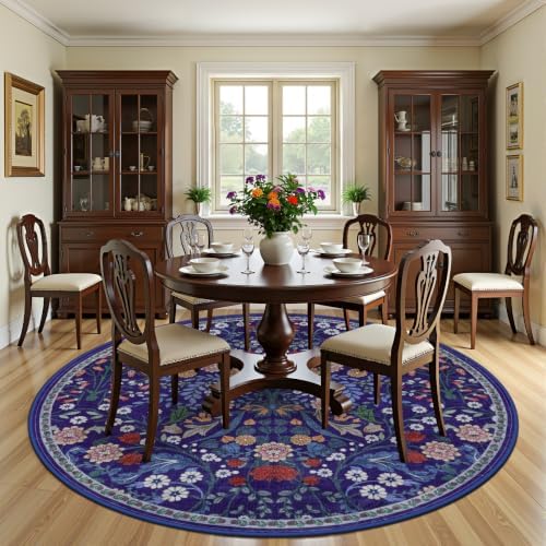 PLHXFR Round Area Rug Living Room: 8 ft Floral Washable Soft Carpet Blue - Image 3