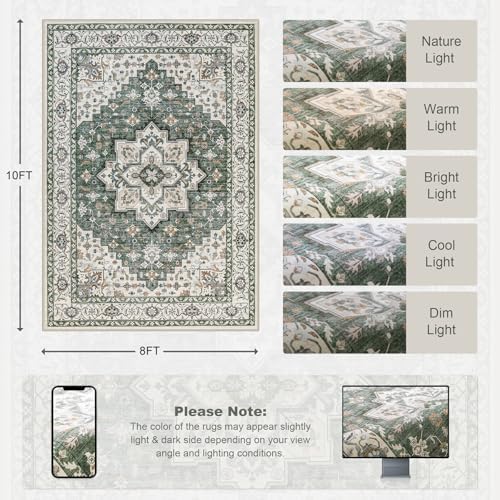 8x10 Area Rugs Living Room: Washable Rug for Bedroom Green Ivory - Image 2