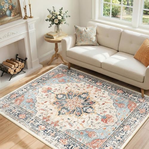 RELEANY Washable Area Rug, 4'x6', Beige/Blue/Orange - Image 2
