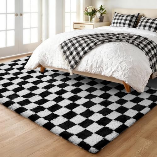 Ophanie Checkered Black & White Rug for Living Room Bedroom,Fluffy Soft Cute Fuzzy Area Rugs,Shag Plush Shaggy Bedside Floor 6x9 Furry Carpet Kids Baby Teen Dorm Decor with Over 99 pcs Pile fibers - Image 3