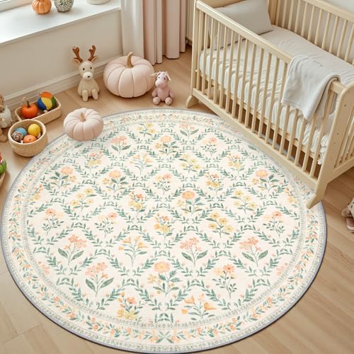 PLHXFR Round Area Rug Living Room: 4 ft Floral Washable Carpet Beige Multi - Image 5