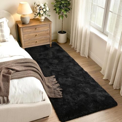 Noahas 2x8 Black Fluffy Soft Runner Rug Non-Slip for Bedroom Dorm Hallway - Image 2