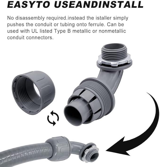 1/2 inch Liquid Tight Connector PVC Flexible Conduit Connector UL Listed Liquid Tight Conduit Fittings 20 Pack (10 pcs 180D/10 pcs 90D)
