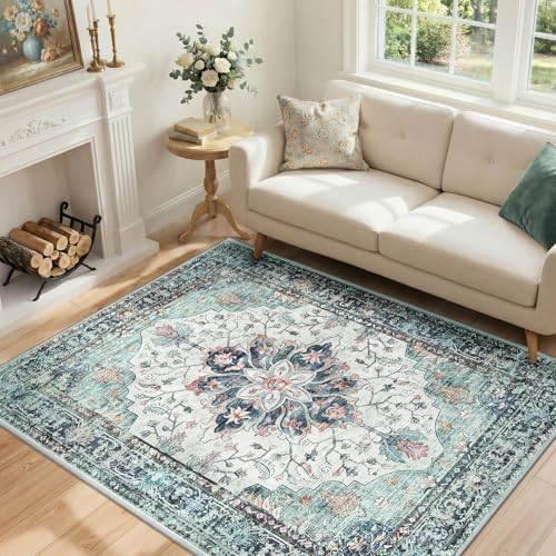 RELEANY Washable Area Rug, 4'x5', Teal Green/White/Navy by RELEANY