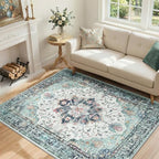 RELEANY Washable Area Rug, 4'x5', Teal Green/White/Navy by RELEANY
