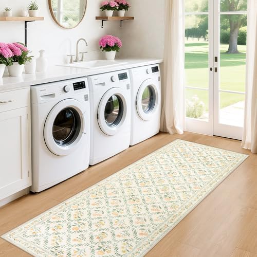 PLHXFR 2x5 Washable Runner Rug：Floral Indoor Kitchen Carpet Beige Multi - Image 4