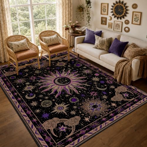 Vacuum-Friendly, 6x9 Washable Area Rug, Black Purple Beige by meejou