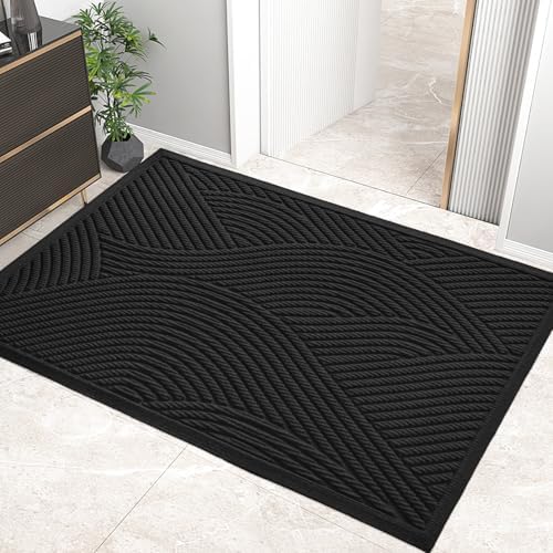 HIYARD Sturdy Front Door Mat, Absorbent Muddy Dirt Resist Welcome Door Mats Outdoor Indoor, Stain and Fade Resistant, Non-Slip Backing Entry Mat Low Profile Doormat for Entryway, 60×36, Black by HIYARD