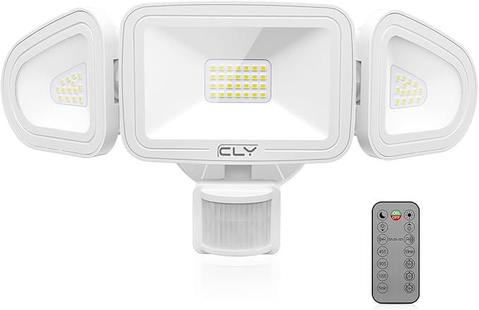 CLY 42W LED Security Lights Motion Sensor Light, 3600LM 5000K, IP66 Waterproof Outdoor Flood Lights, Adjustable Brightness 3 Head Floodlight Remote Control 4 Modes for Garage Yard Eave -White