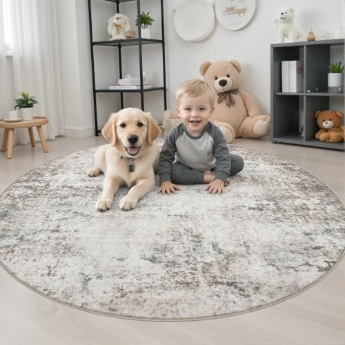 Round Area Rug Living Room: 4 ft Modern Washable Carpet Brown - Image 3