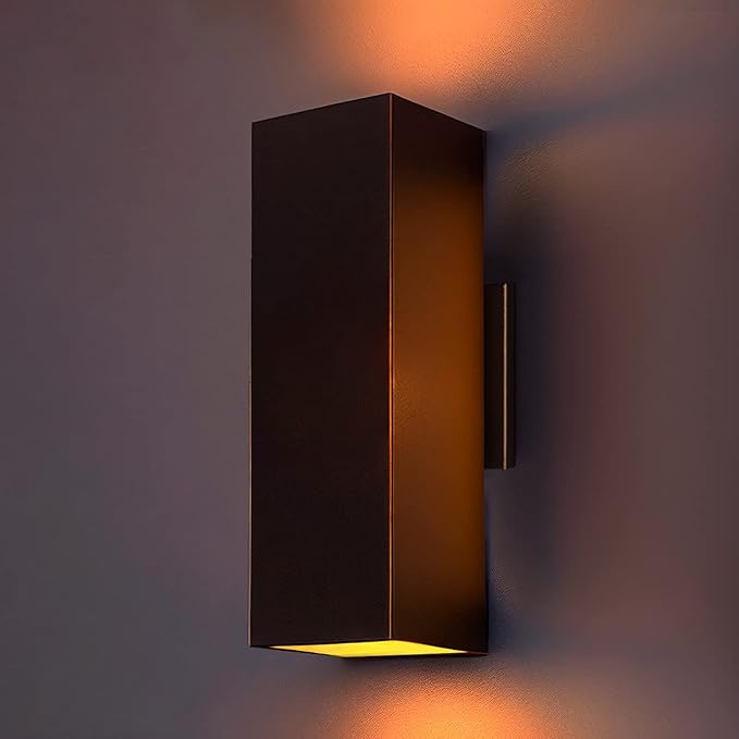 wowlite Modern Up Down Wall Lights Outdoor with Dusk to Dawn Photocell Sensor, LED Outdoor Wall Lighting, Waterproof Bronze Porch Lantern, 13" Square Wall Sconce for House Garden Entrance