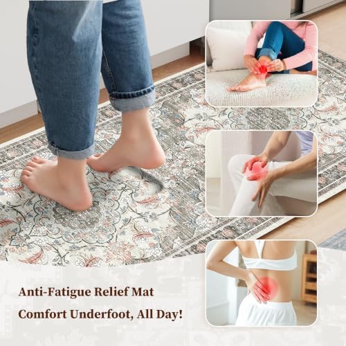 Boho Kitchen Mats for Floor 2PC Anti Fatigue Kitchen Rugs, Beige Grey - Image 3