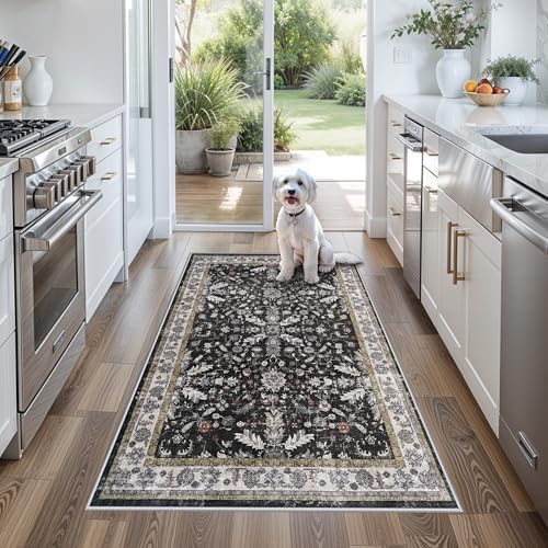 3x5 Kitchen Rug Washable Non-Skid, Boho Indoor Small Throw Area Rugs for Entryway Bedroom Living Room Floor, Soft Stain-Resistant Low-Pile Thin Doormat（Black, 3x5）