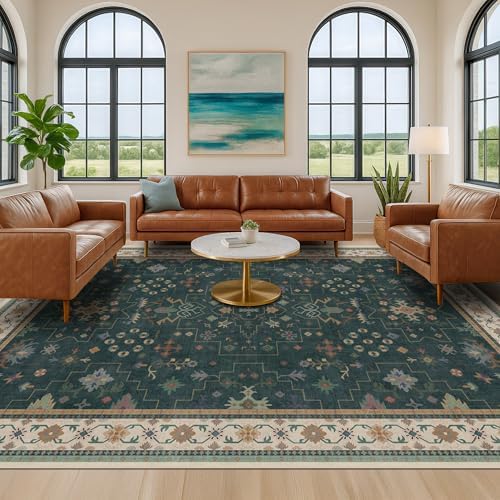 Hazo Haus Dark Green Oushak Living Room Rug 10x14 - Modern Vintage Boho Eclectic Floral Pastel, Washable Low Pile Non-Slip Extra Large Area Rugs for Dining Under Table Bedroom Lounge - Image 6