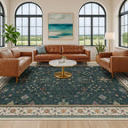 Hazo Haus Dark Green Vintage Living Room Rug 9x12 - Boho Unique Floral Victorian Decor, Washable Low Pile Non-Slip Extra Large Area Rugs for Dining Under Table Bedroom - Image 3
