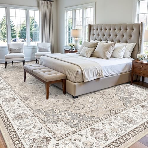 10x14 Washable Vintage Area Rug - Large Rugs for Living Room Soft Stain Resistant Carpet with Non-Slip Backing Low Pile Water Resistant Rug for King Size Bed Pet Friendly Home Decor Mat(10x14 Beige) - Image 2