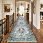 RELEANY Washable Area Rug, Runner 2'6"x14', Teal Green/White/Navy - Image 2