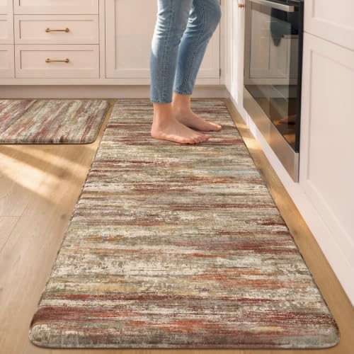 KIMODE Anti Fatigue Kitchen Mats for Floor 2 Piece,Red Brown Farmhouse Rugs by StayinComfortCookwithJoy