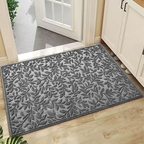 Bulijojo Sturdy Front Entrance Doormats,Durable Heavy Duty Welcome Mat,Thick Absorbent Natural Rubber Non Slip Mat,Easy Clean Entryway Mat Leaves Grey, 47" x 32" by ShowYourStyle