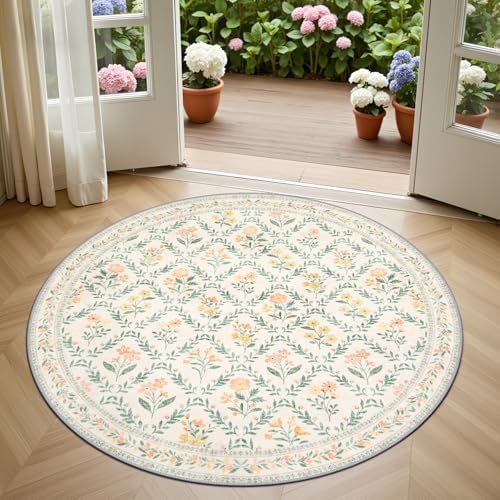 PLHXFR Round Area Rug Living Room: 4 ft Floral Washable Carpet Beige Multi - Image 2