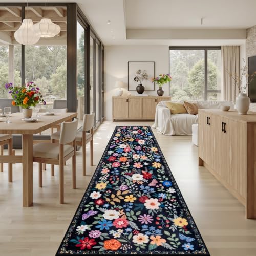 PLHXFR 2.6x14 Washable Runner Rug：Floral Indoor Kitchen Soft Carpet Black - Image 4