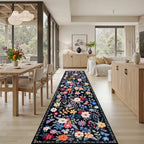 PLHXFR 2.6x14 Washable Runner Rug：Floral Indoor Kitchen Soft Carpet Black - Image 4