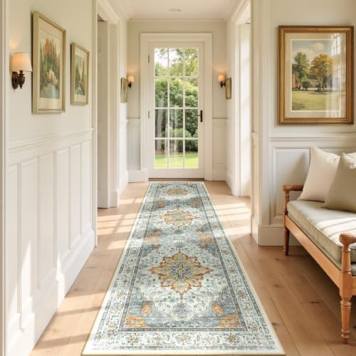 RELEANY Washable Area Rug, Runner 2'x7', Beige/Carbon Grey/Orange - Image 2