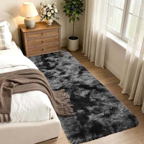 2x10 Tie-dye Dark Grey Fluffy Soft Runner Rug Non-Slip for Bedroom Dorm - Image 2